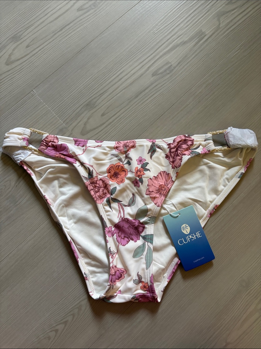 Cupshe Cream Floral Bikini Bottoms with Pink & Green Accents